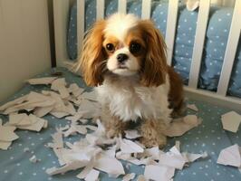 hund med en busig uttryck omgiven förbi uppgiven kuddar ai generativ foto