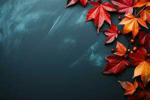 höst bakgrund röd löv på blå skiffer, topp se, kopia Plats ai genererad foto