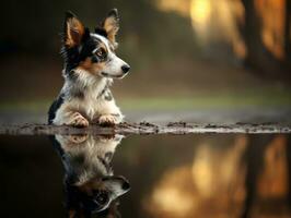 hund och dess reflexion i en lugna damm ai generativ foto