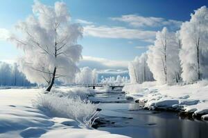 illustration av lugn vinter- natur fångar de säsonger lugn skönhet ai genererad foto
