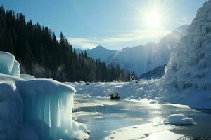 en pittoresk vinter- scen utspelar sig, visa upp naturer lugn skönhet ai genererad foto