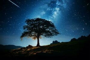 en sluttning under de starry natt himmel, enslig träd, och mjölkig sätt ai genererad foto