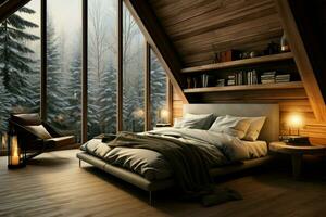 trä- chalet sovrum, en ombonad och inbjudande vinter- skog reträtt ai genererad foto