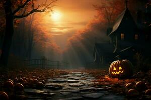 en halloween scen mitt i de vibrerande gobeläng av hösten skönhet ai genererad foto