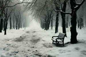 en efterhängsen, vinter- scen i januari, var träd sörja i svartvit ai genererad foto