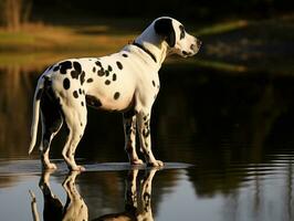 hund och dess reflexion i en lugna damm ai generativ foto