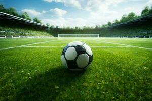 grön fotboll fält, en skede för de ikoniska sfärisk spel ai genererad foto