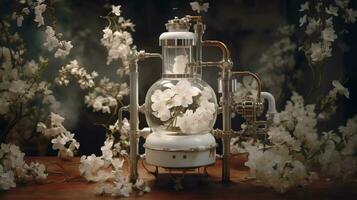 generativ ai, grundläggande olja extraktion med bränneri maskin med jasmin vit blommor foto