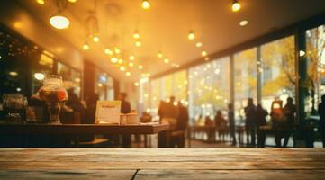 årgång filtrerades bakgrund av en restaurang, med människor och bokeh lampor ai genererad foto