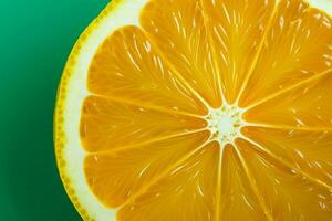 topp se en enda orange frukt skiva på en levande grön bakgrund, skapande en citrus- textur bild ai genererad foto