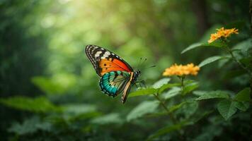 natur bakgrund med en skön flygande fjäril med grön skog ai generativ foto