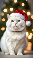 ai genererad vit katt bär santa hatt foto