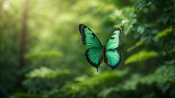 natur bakgrund med en skön flygande fjäril med grön skog ai generativ foto