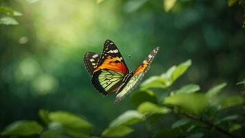 natur bakgrund med en skön flygande fjäril med grön skog ai generativ foto
