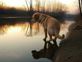 hund och dess reflexion i en lugna damm ai generativ foto