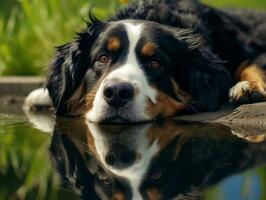 hund och dess reflexion i en lugna damm ai generativ foto