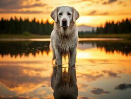 hund och dess reflexion i en lugna damm ai generativ foto