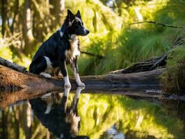 hund och dess reflexion i en lugna damm ai generativ foto