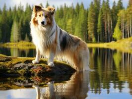 hund och dess reflexion i en lugna damm ai generativ foto