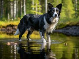 hund och dess reflexion i en lugna damm ai generativ foto