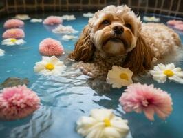 lugn hund njuter en massage på en sällskapsdjur spa ai generativ foto