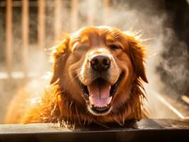 lugn hund njuter en massage på en sällskapsdjur spa ai generativ foto