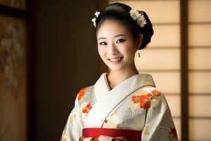 skön japansk nationalitet kvinna leende och bär kimono porträtt bokeh stil bakgrund foto