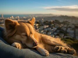 fundersam hund vilar på en mjuk soffa med en se av de stad ai generativ foto