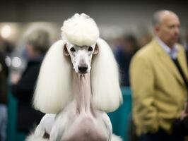 skötsam hund deltar i en show, vackert vårdad ai generativ foto