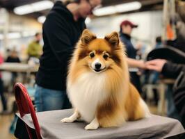 skötsam hund deltar i en show, vackert vårdad ai generativ foto