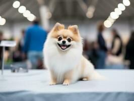 skötsam hund deltar i en show, vackert vårdad foto