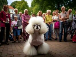 skötsam hund deltar i en show, vackert vårdad ai generativ foto