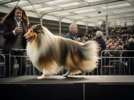 skötsam hund deltar i en show, vackert vårdad ai generativ foto