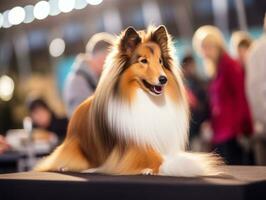 skötsam hund deltar i en show, vackert vårdad ai generativ foto