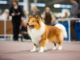 skötsam hund deltar i en show, vackert vårdad foto