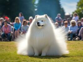 skötsam hund deltar i en show, vackert vårdad foto