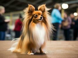 skötsam hund deltar i en show, vackert vårdad foto