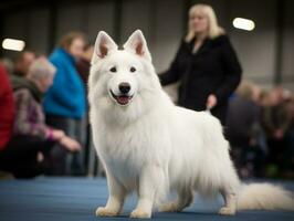 skötsam hund deltar i en show, vackert vårdad foto