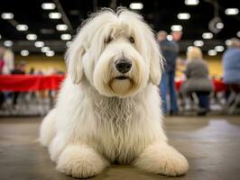 skötsam hund deltar i en show, vackert vårdad foto