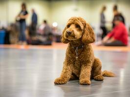 skötsam hund deltar i en show, vackert vårdad foto