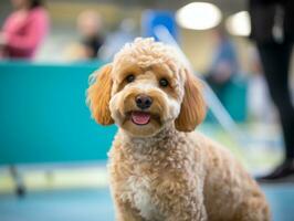 skötsam hund deltar i en show, vackert vårdad foto