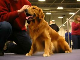 skötsam hund deltar i en show, vackert vårdad foto