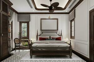 sovrum interiör med klassisk och traditionell säng, almira. 3d tolkning foto