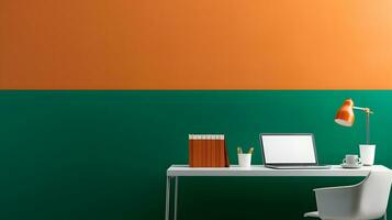 minimalistisk Hem kontor med orange och grön vägg foto