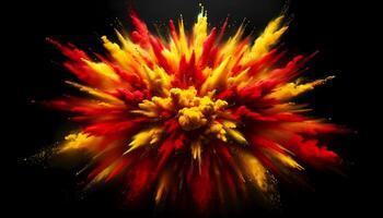en dynamisk och dramatisk explosion av röd och gul pulver på en svart bakgrund. ai genererad foto