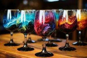 vin glasögon fylld med virvlande galaxer skapas från mat färg fångad i en palett av kosmisk svart nebulosa blå och starlight vit foto