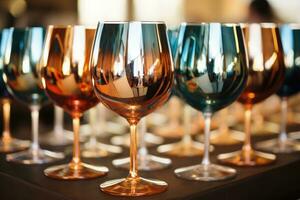 reflekterande illusioner på vin glasögon i okonventionell placeringar fångad i en palett av bränd orange kricka blå och rustik guld foto