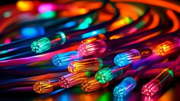 ai genererad. färgrik fiber optisk kablar. trogen neon ljus. foto