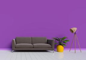 modern inredning av lila vardagsrum med brun soffa