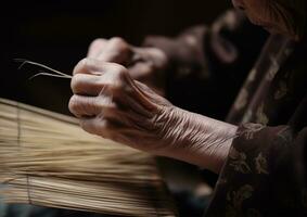 traditionell hantverk, handgjorda. aktiva äldre person. ett asiatiskt utseende mormor i traditionell kläder gör sugrör hantverk. skapas med ai. foto